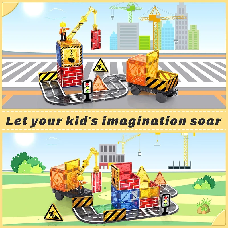 Magnetic Tiles Road Car Games Kids Toys Construction Set Connected Building Blocks STEM Activities Learning Open-ended Toys Boys magnetic building blocks magnetic assembly toy