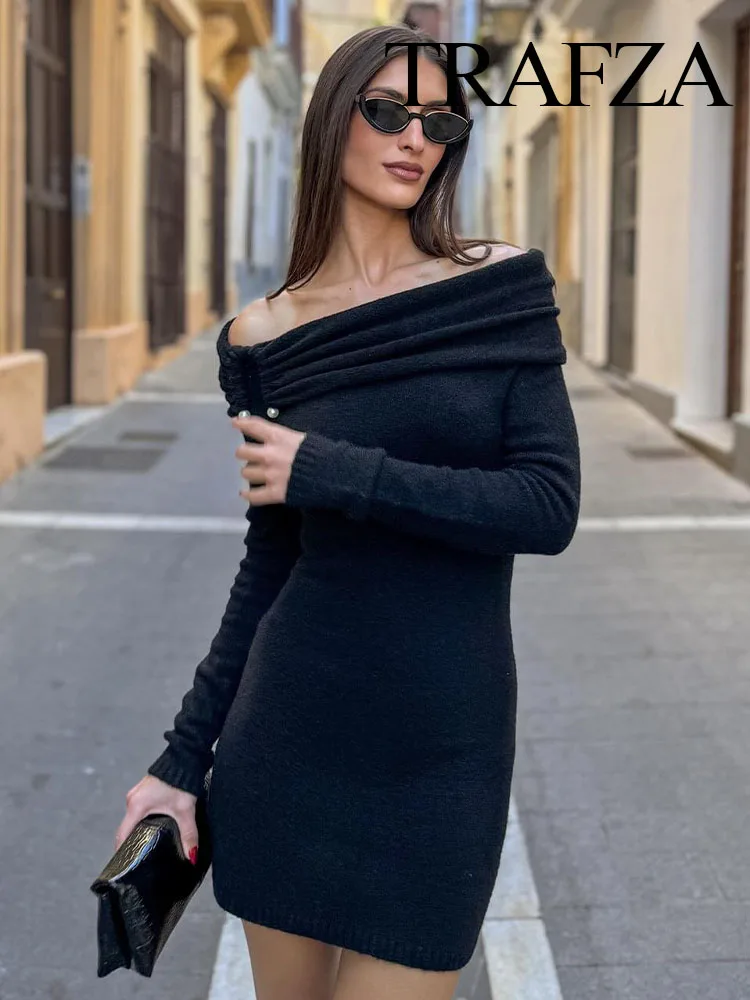 

TRAFZA 2024 Spring Dress For Women Fashion Knitted Off The Shoulders Loose Cropped Dresses Female Wild Mujer Vestidos Dresses