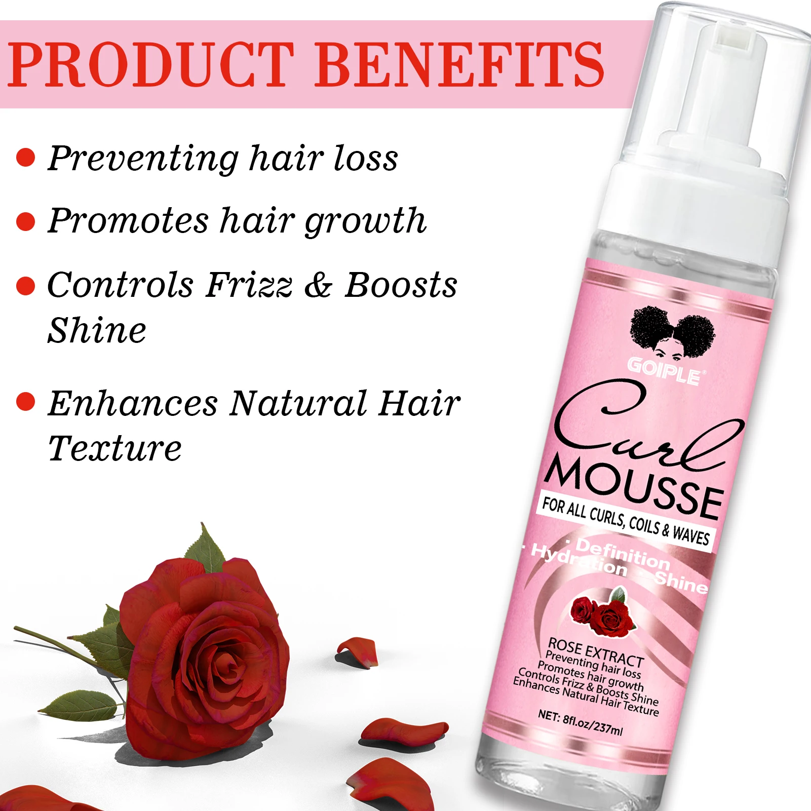 GOIPLE 237ml Natural Rose Extract Curl Mousse Defining Shine Hydrates Control Frizz Wave Enhance Curls Texture Hair Styling Foam