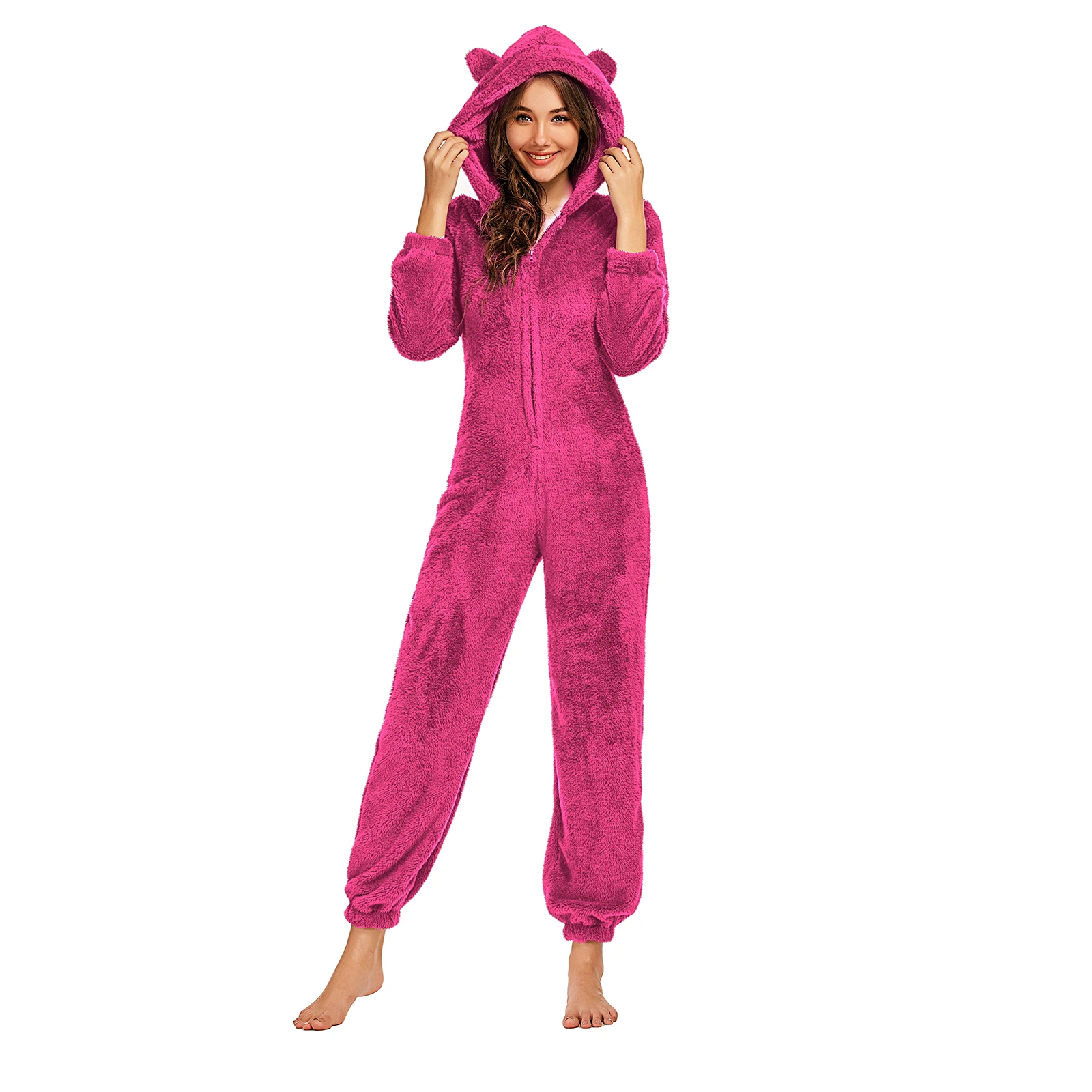 Women Winter Warm Plush Romper Pajamas Solid Color Long-Sleeve Zipper High Neck Hooded Homewear S/M/L/XL/2XL