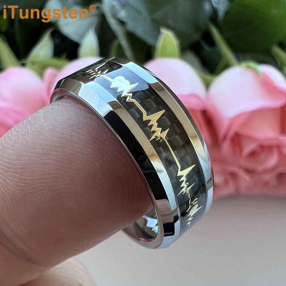 iTungsten 8mm Beautiful Heartbeat Ring Men Women Tungsten Wedding Band Fashion Jewelry Black Carbon Fiber Inlay Free Shipping