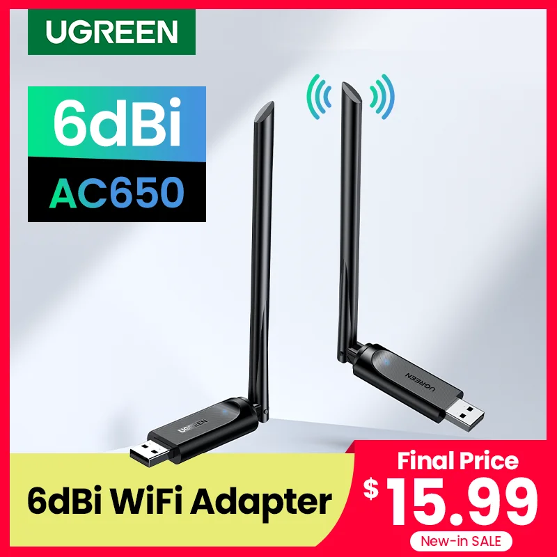 【 New-in】UGREEN WiFi адаптер AC650Mbps 6dBi антенна USB для ноутбука компьютера Ethernet Сетевая