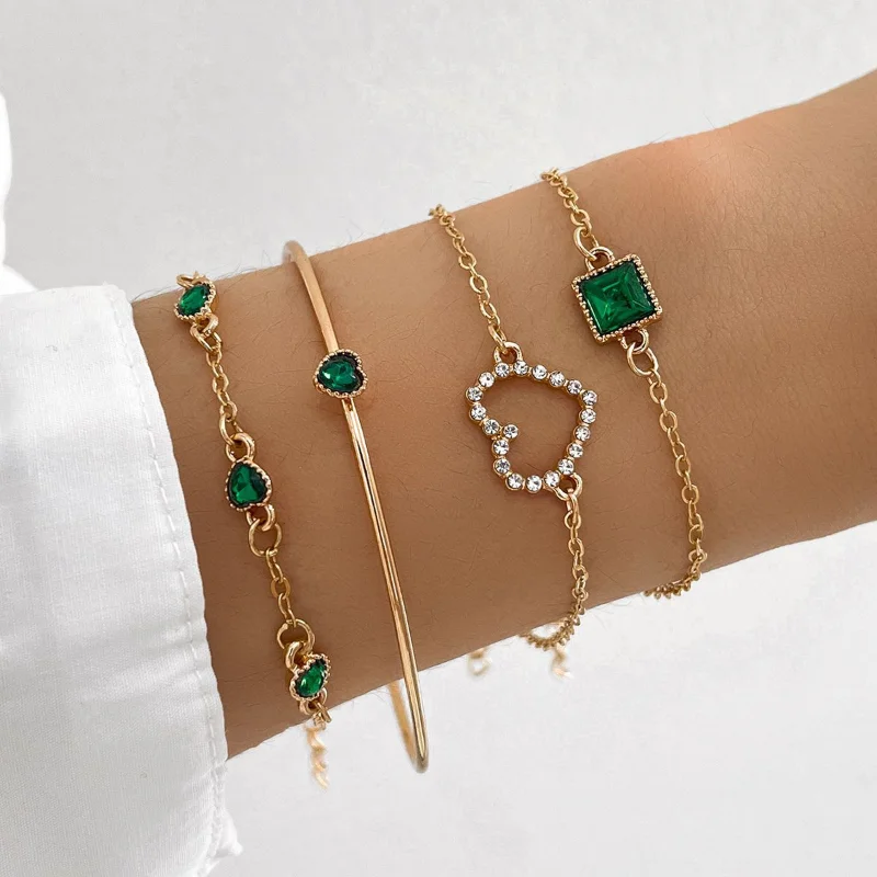 4pc Inlaid Green Gemstone Bracelet Jewelry Set for Women Heart Bracelet Wedding Engagement Bracelet Fashion Jewelry Pulsera