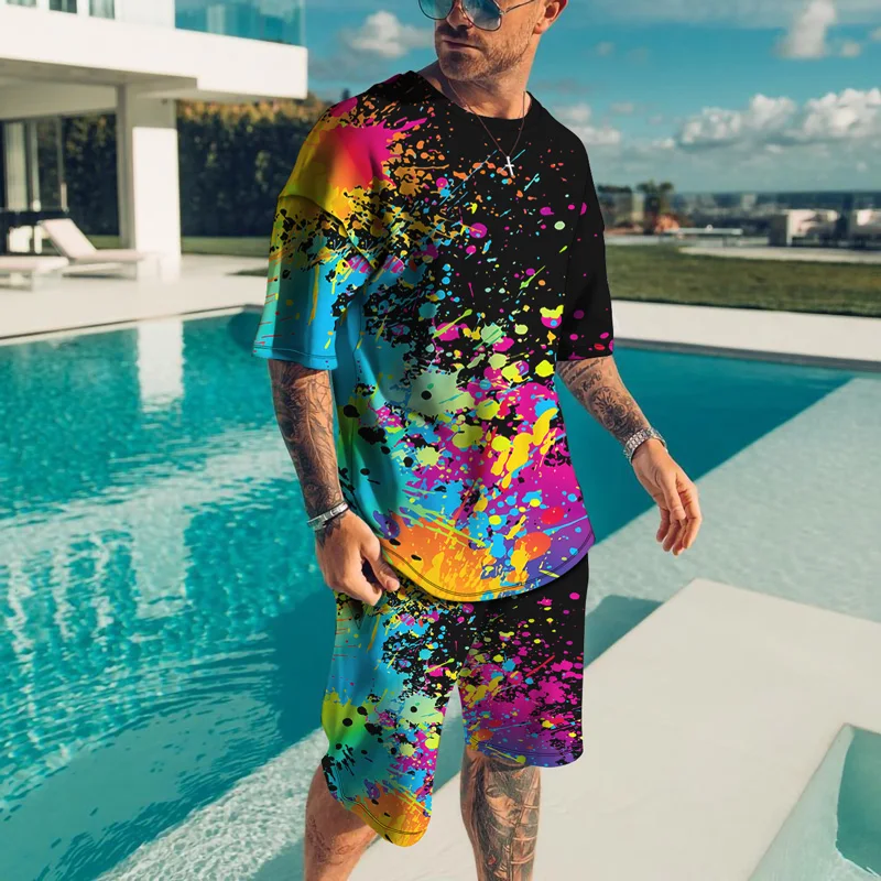 Summer Men T-shirt Set Color Printed Shorts 2 Piece Short