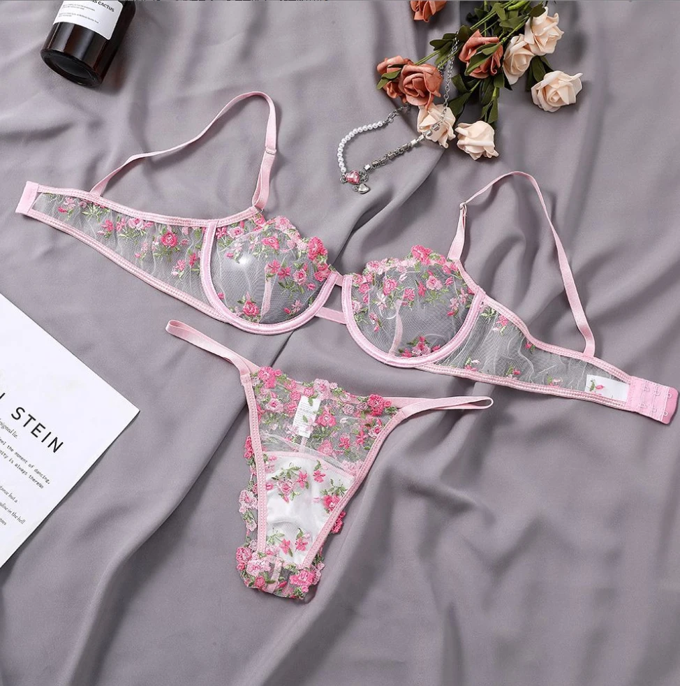 Women Lingerie Set Super Sexy Transparent Thin Lace Flower Embroidered Two-piece See-through Panties V-neck Bra Set women lingerie set