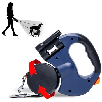 3in1 Double Head Automatic retractable Dog leash Flashlight Poop Bag Dispenser Reflective Pet Cat Extendable Puppy Traction Rope 3