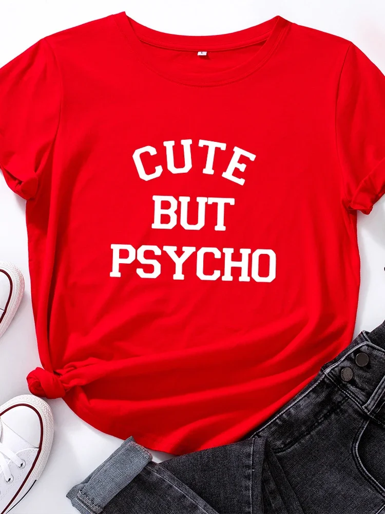 귀엽지만 사이코 편지 인쇄 여성 T 셔츠 반팔 O 넥 느슨한 여성 Tshirt 숙녀 티 셔츠 탑 의류 Camisetas Mujer