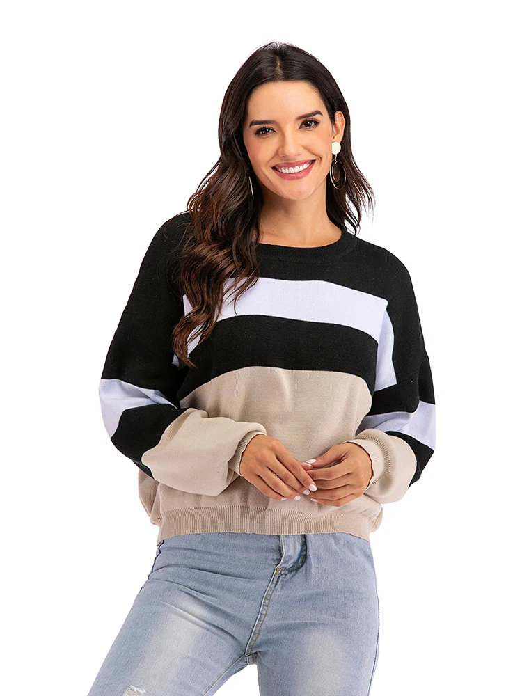 

Stripe Splicing Autumn And Winter Design Sense Long Sleeved Women's Fashionable Round Neck Niche Simple Pullover Top