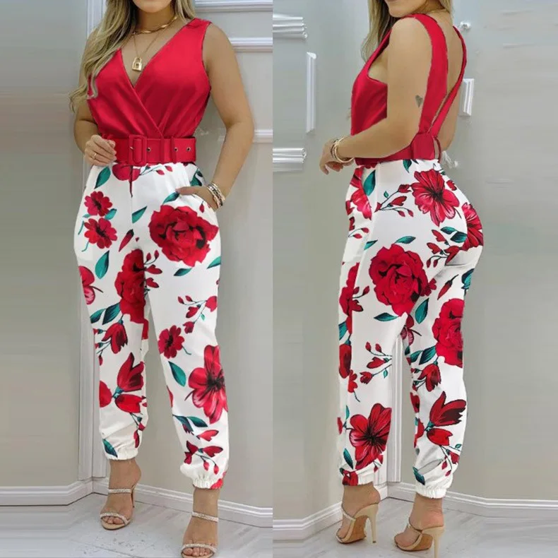 

2023 Spring And Summer New Solid V-neck Sleeveless Open Back Jumpsuit Flower Print High Waist With Belt Jumpsuit Women