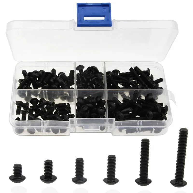 ZENHOSIT 170pcs Hexagon Screw 304 Stainless Steel Black Round M4*6/8/10/12/20/25 For Machine Applications Kit with Plastic Box