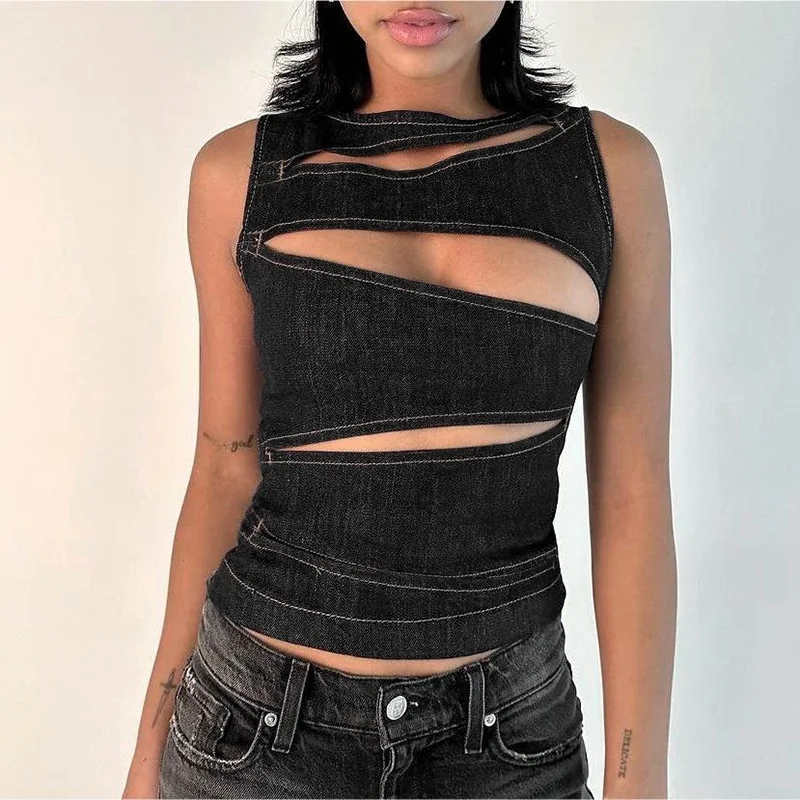 Hot Girl Hollow out Imitation Denim Vest Top Women's Faion Summer 2024  Color Regular Fit Svel Tank Top