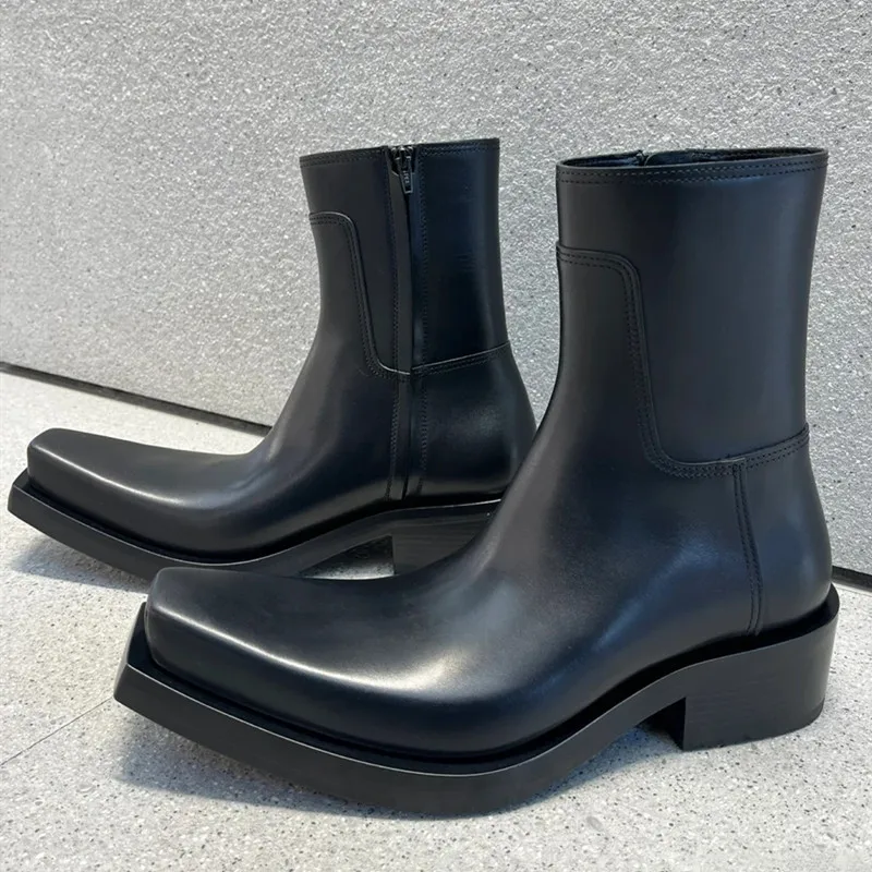 Square Headed Thick Heeled Female Knight Zipper with Dark Thick Soles for with Cigarette Butts, Chelsea Leather Boot Trend