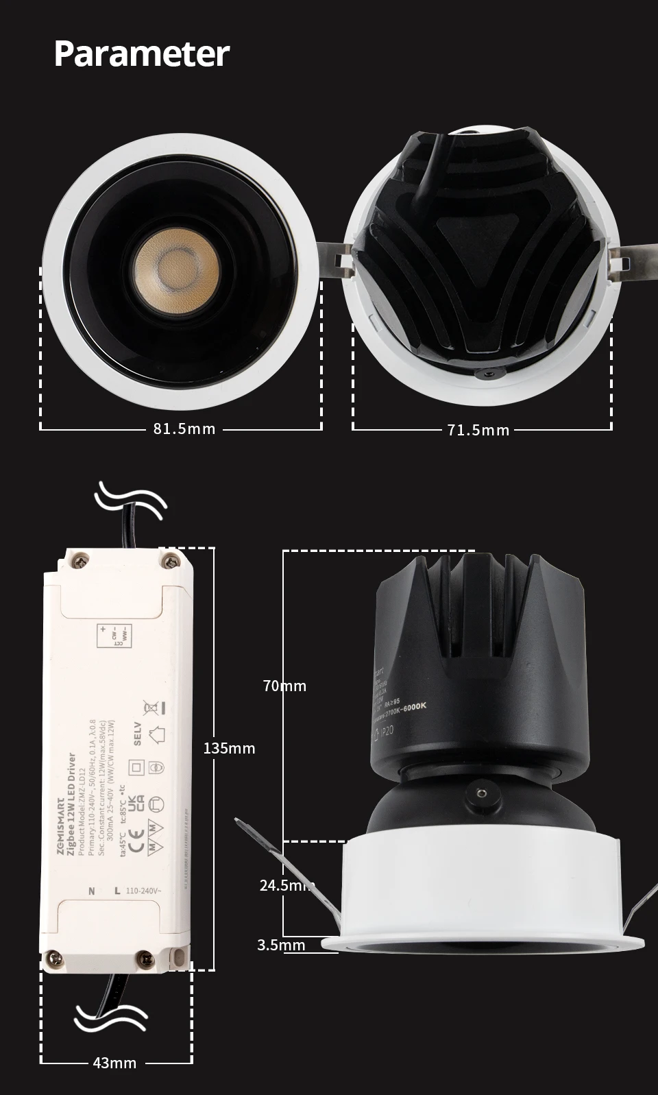 Zigbee Smart LED Spotlight Anti-Glare Dimmable Ceiling Light Works with Tuya Sma