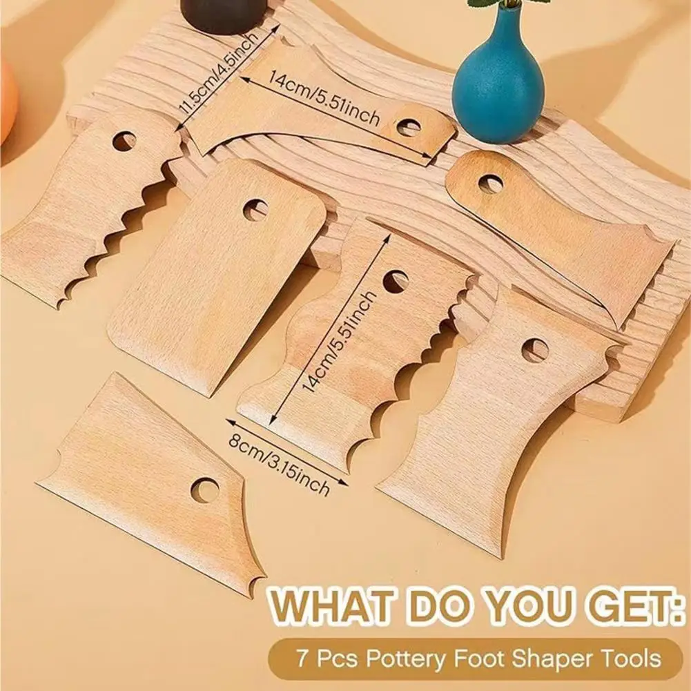 Smooth Pottery Tools Set 7 Piece for Ceramics Clay Carving Shaping Wooden Rib Foot Shaper for Ceramic