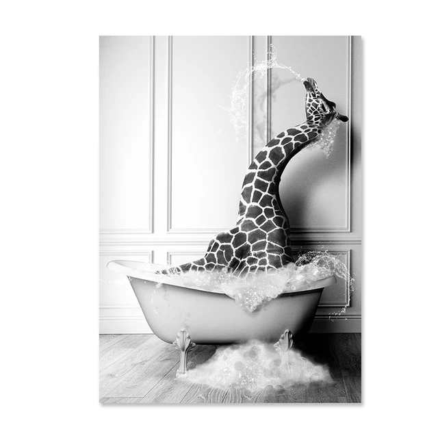 LPFNSF Immagini moderne per la decorazione del bagno, stampe artistiche da parete in bianco e nero con animali, elefante, mucca, cane, giraffa, scimmia, divertente decorazione per il bagno, immagini