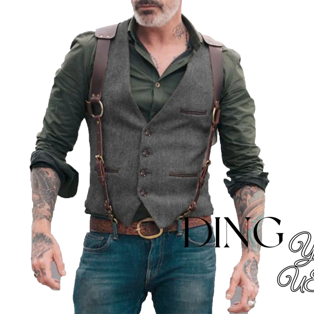 Pocket Men Suit Vest V Neck Jacket Herringbone Tweed Business Waistcoat Wedding Groomman Clothing Victorian Steampunk