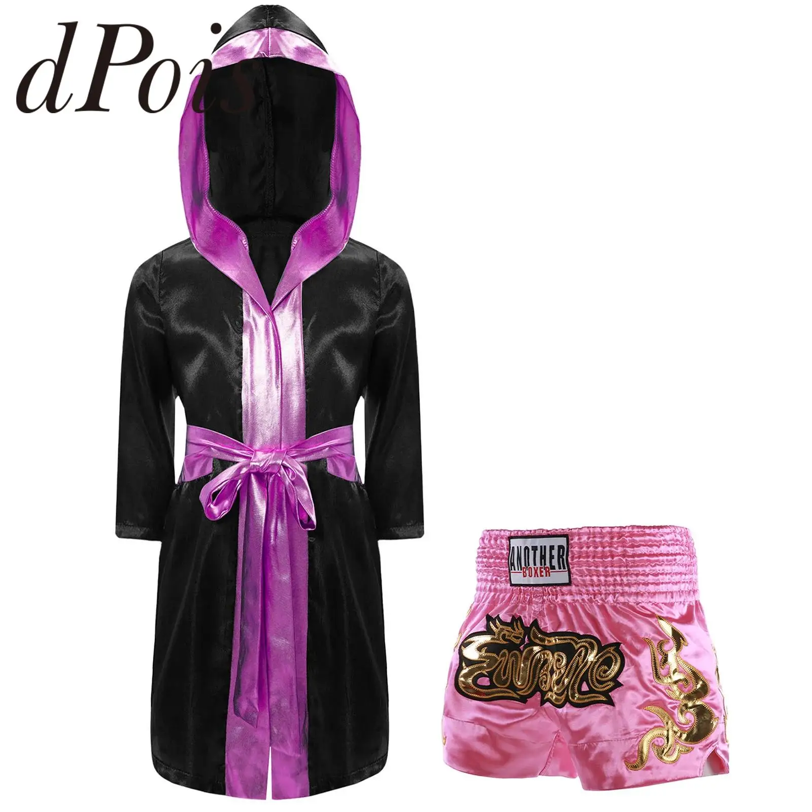 Kids Boxing Robes for Boys Martial Arts Outfit Muay Thai Metallic Trim Satin Hooded Robe with Shorts Fight Grappling Costume boxing robes