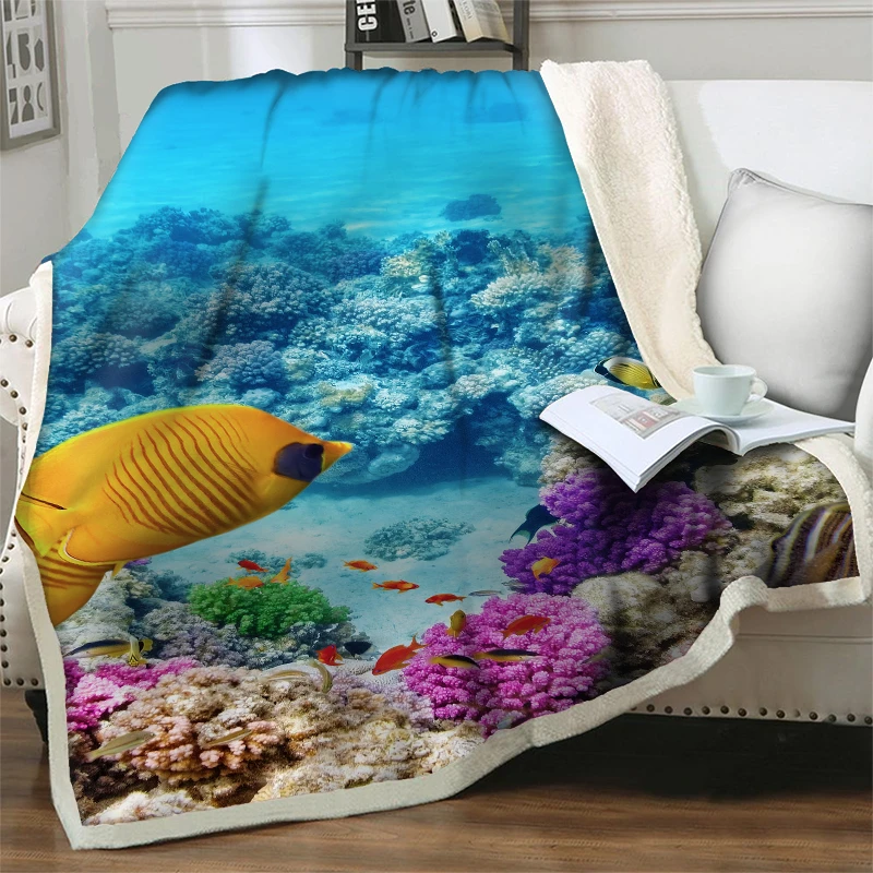 3D Underwater World Sherpa Blanket Cartoon Colorful Plush Throw Blankets  for Beds Sofa Thick Soft Warm Quilt Nap Cover Drop Ship