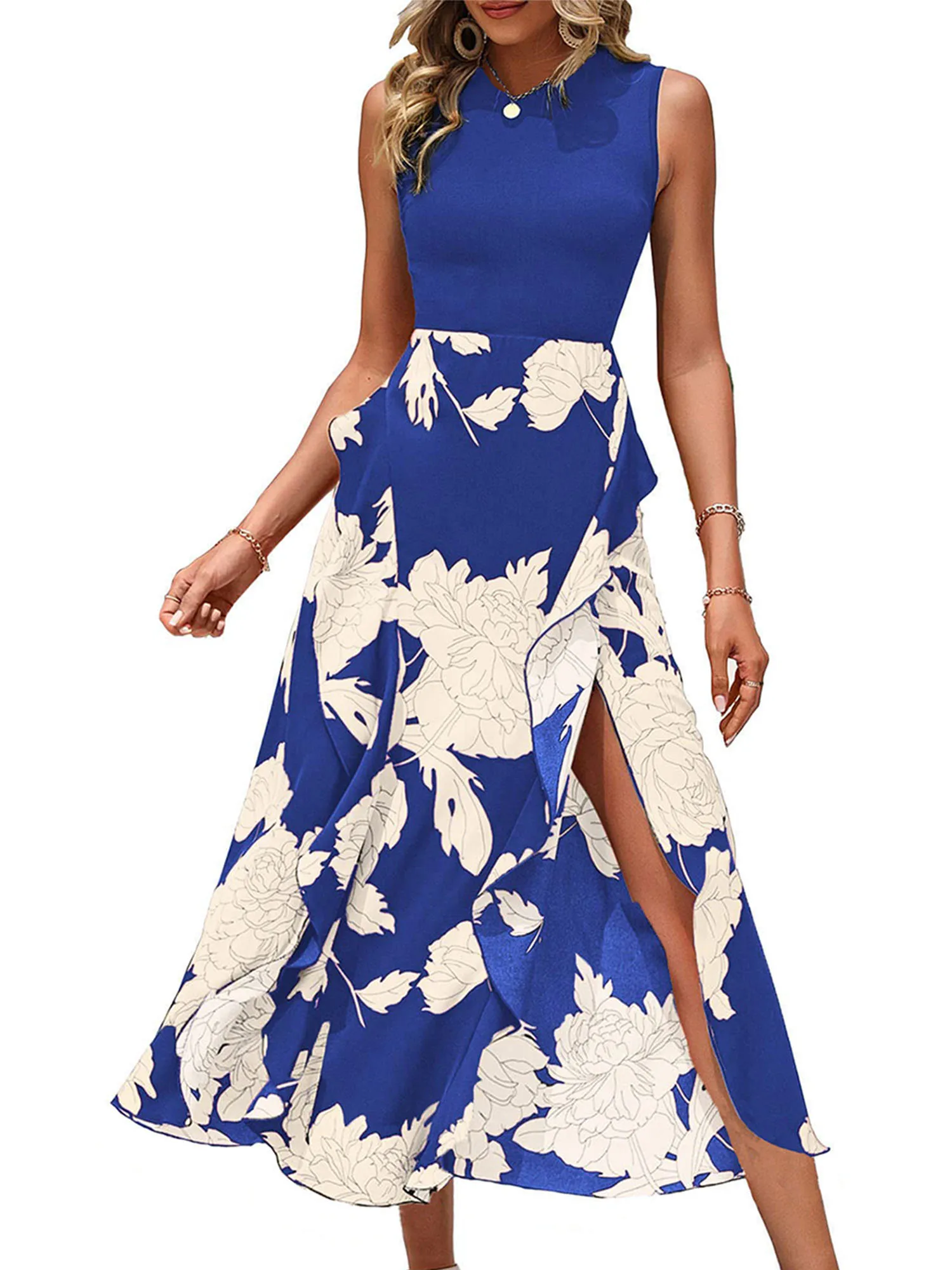 

Women Sleeveless Floral Printed Long Dress Summer Boho Tie Waist High Low Ruffle Hem Split Beach Sundress (Red L)