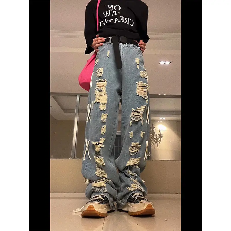 

2022 New Spice Girl Broken Jeans Y2K Women's Super Large Straight Leg Pants American Street Pants Women's High Waist Pants
