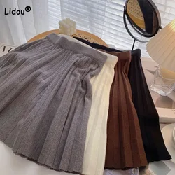 Simplicity Fashion Solid Pleated Knitted Skirt Autumn Winter Women's Clothing Korean All-match Elastic High Waist Mini Skirts