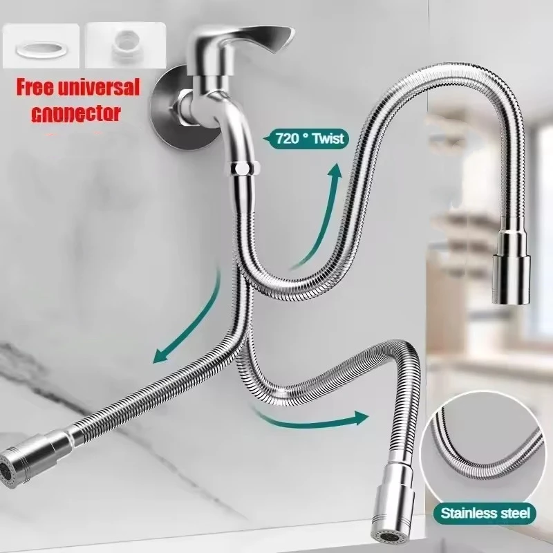 Universeller Edelstahl-Wasserhahnverlängerer mit Anti-Spritz-Düse, Belüfter und Verlängerungsschlauch für Küchenspüle – Detail 7