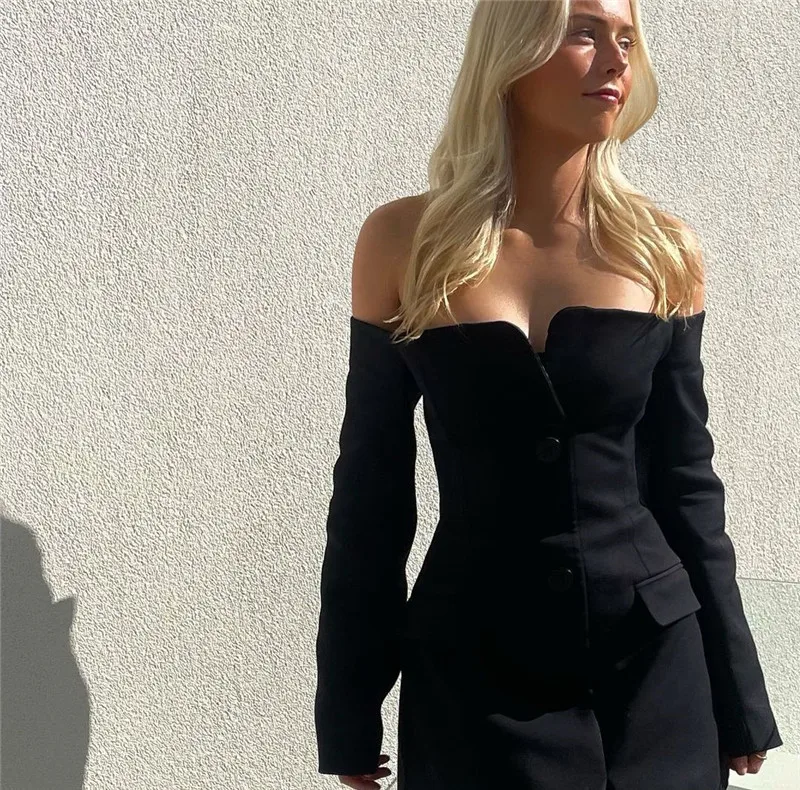 Off-shoulder Strapless Sexy Blazer Dress For Women Fashion Solid Zipper Two Pocket Long Sleeve Backless Mini Dress