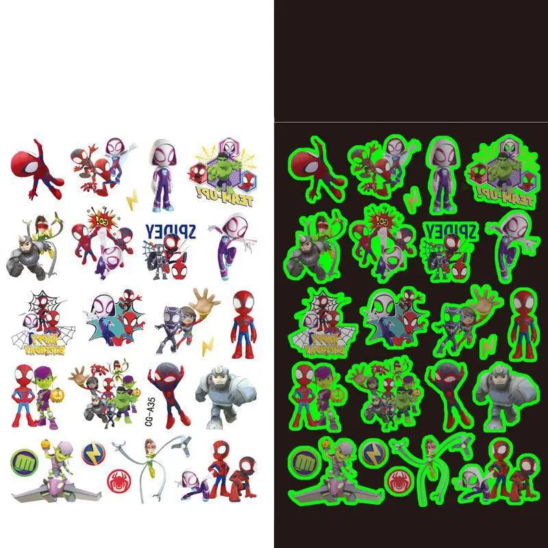 Disney Luminous Spidey And His Amazing Friends Children Cartoon Temporary Tattoo Sticker Boys Cartoon Toys Waterproof Kids Gift