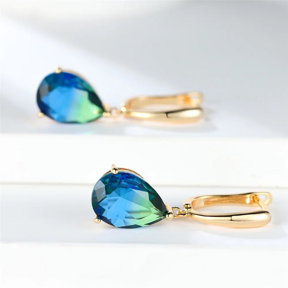 Trendy Crystal Blue Green Rainbow Zircon Stone Hoop Earrings For Women Vintage Gold Color Wedding Jewelry
