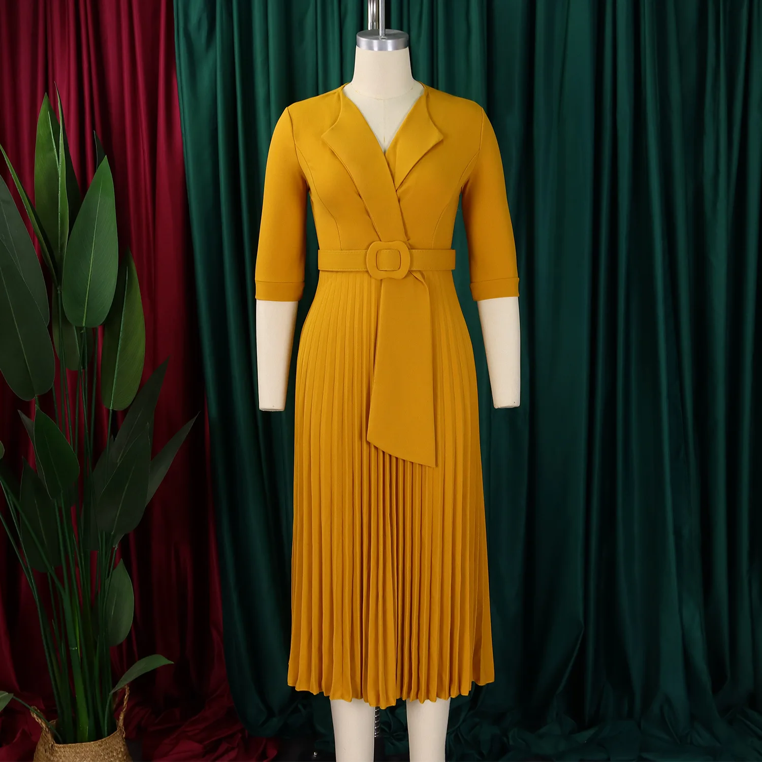 XIOCEAN Elegant Office Dresses Pleated for Woman Notched Collar Half Sleeve Belt Waisted Mid Calf Afircan Business New Robe