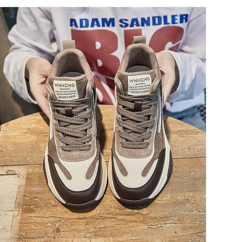 Women's Genuine Leather High Top Dad Shoes Thick Sole Trainers_voghion.com