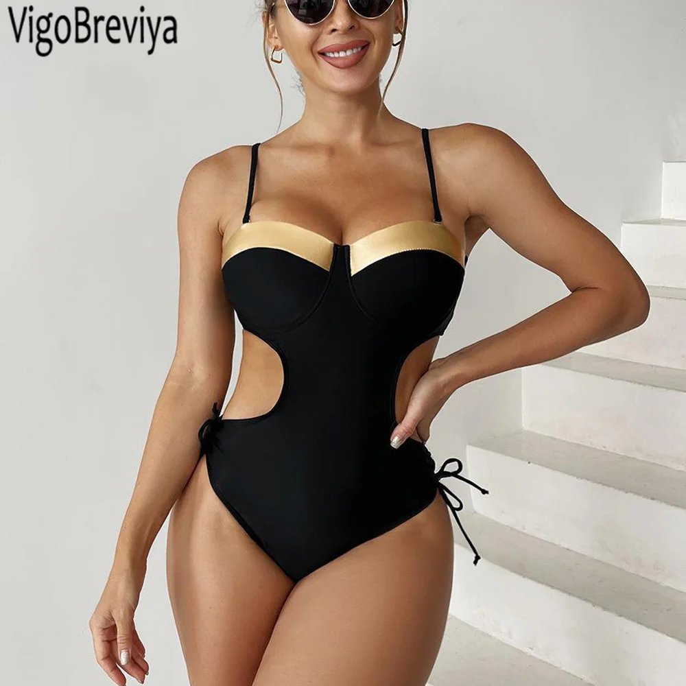 

VigoBeviya 2022 Black Strapped Swimwear Women Sexy Hollow Push UP One Piece Swimsuit Monokini Blackless Beach Bathing Suit