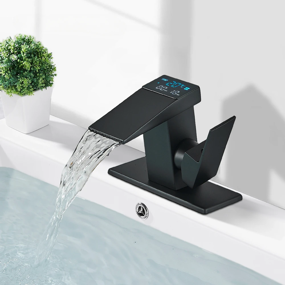 

Black Brass Basin Faucet ,Digital Display Waterfall Washbasin Faucet,Basin Taps,Bathroom Basin Sink Facet,Deck Mounted