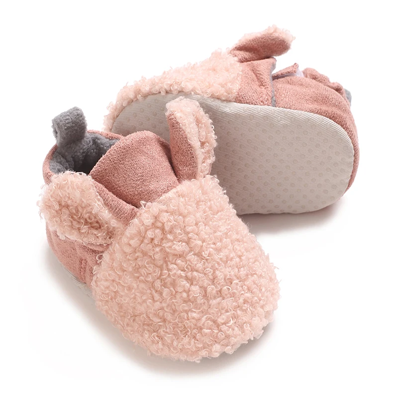 MISOWMNJOY Newborn Baby Boots Slippers Winter Newborn Crib Shoes Contrast Color Warm Flats with Cute Ears Infant Walking Shoes