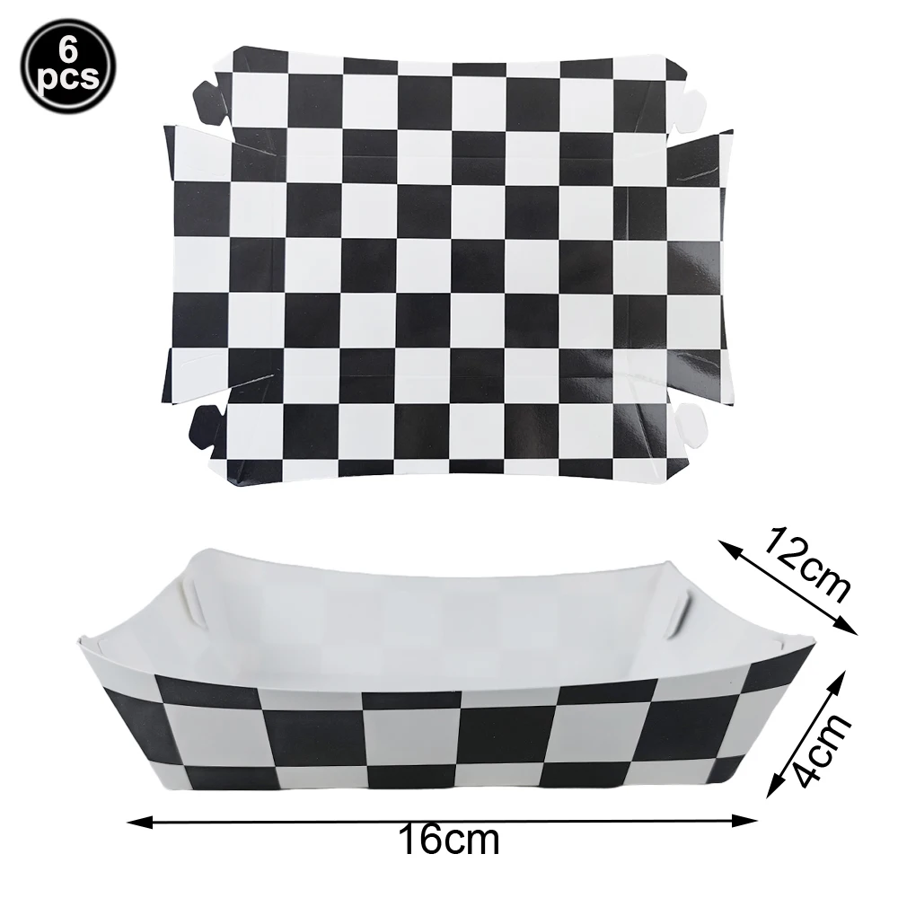 Racing Car Theme Birthday Party Supplies Set with Checkered Design - Includes Balloon Banner, Plates, Cups, Napkins, Food Boxes, and Gift Bags