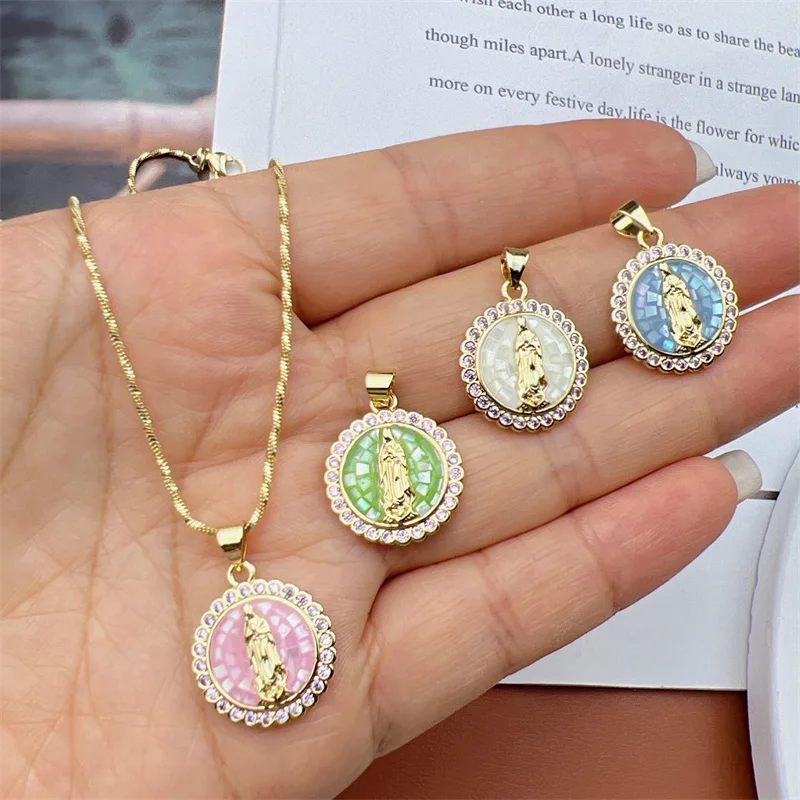 

Top Quality Believer Geometric Virgin Mary Shell Abalone Rhinestone Pendant Zircon Chain Necklace Religious Jewelry Retro Gift