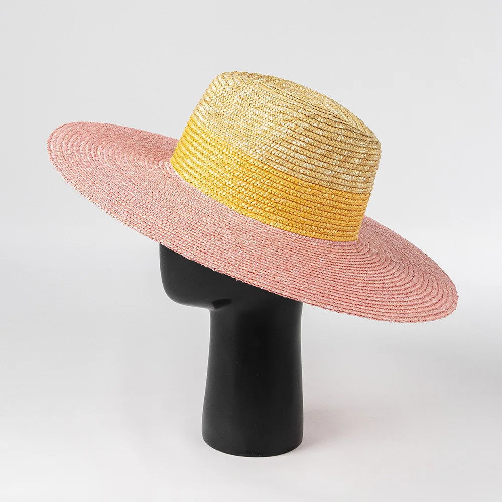 Womens Summer Beach Hat Yellow Pink Tones Wheat Straw Hat
