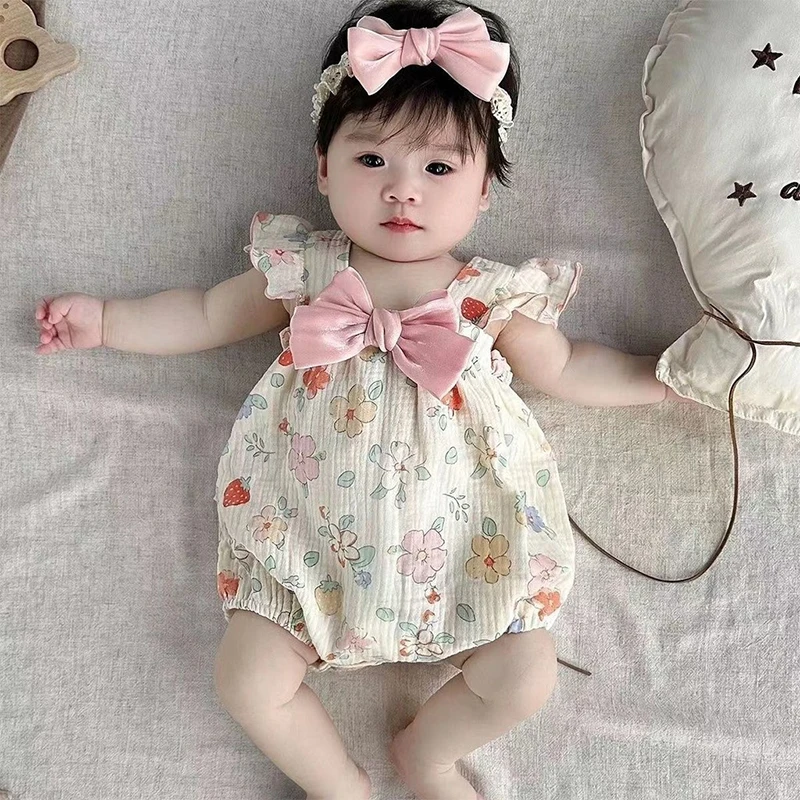 

Летнее платье для маленьких девочек, милый комбинезон с цветочным принтом и бантом, летняя переноска с рукавами для ползания для малышей