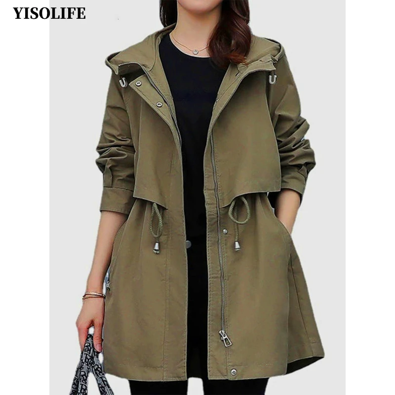 YISOLIFE Women's Hooded Jacket Mid Length Jackets Full Zip Trench Coat