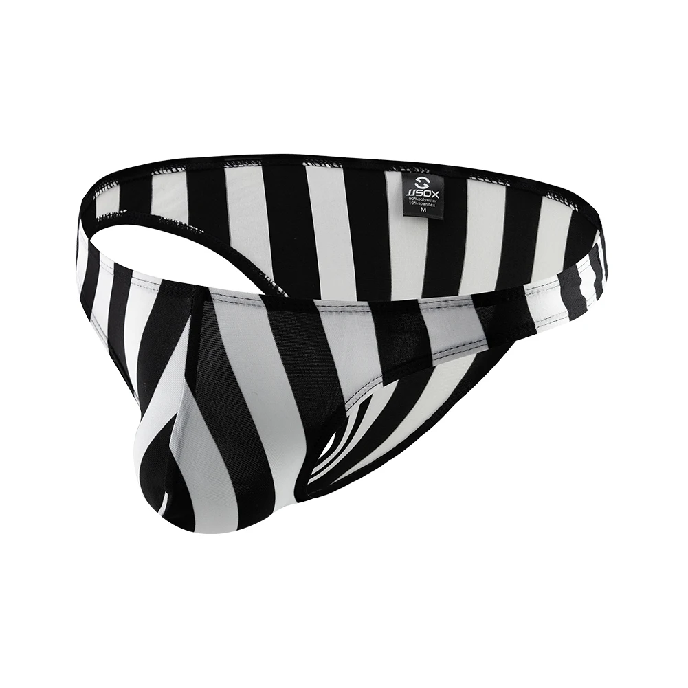 

Men’s Sexy Black And White Stripe G-String Briefs Crotch Bulge Pouch Thong Swimwear Elastic Breathable Underpants Panties