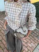 Doux femmes volants Plaid violet chemises 2025 mode dames décontracté col montant Blouses pour fête femme élégant hauts vêtements 2