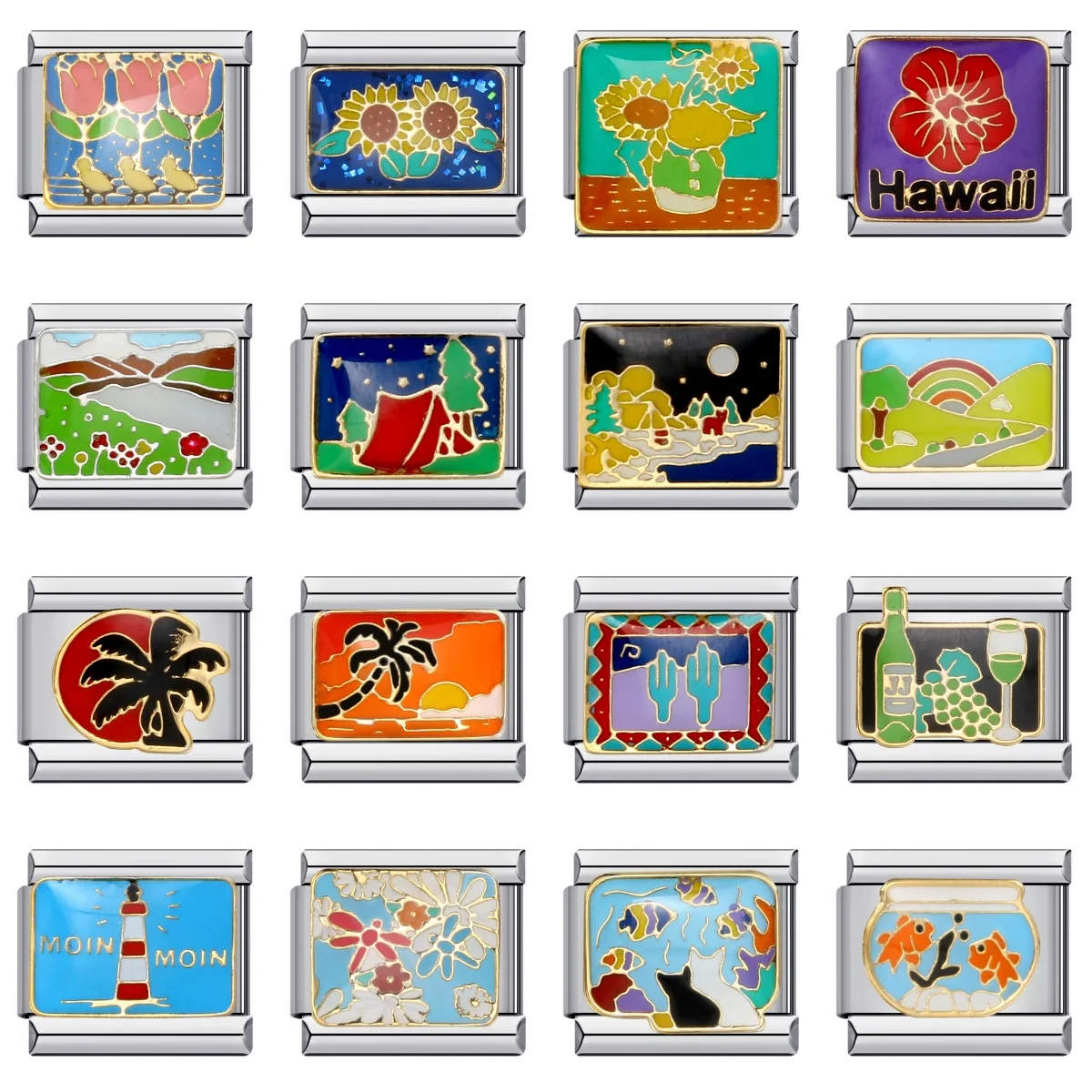 Bunte Glasur süße Y2k Mode Paysage Blume Fisch Charms italienische Links 9mm Armbänder Armreif Edelstahl DIY Herstellung von Schmuck