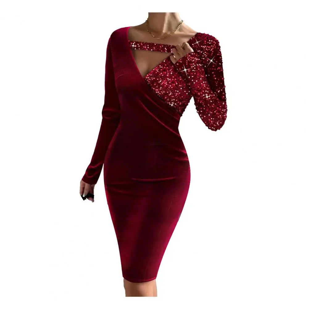 

Women Dress Low-cut V Neck Knitted Shiny Sequin Long Sleeve Tight High Waist Chain Decor Sheath Elastic Fall Winter Midi Dress