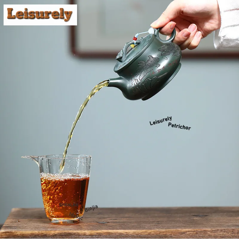 330ml High-end Yixing Purple Clay Teapots Handmade Ruyi Pot Raw Ore Blackish Green Mud Tea Brewing Kettle Zisha Tea Set Craft