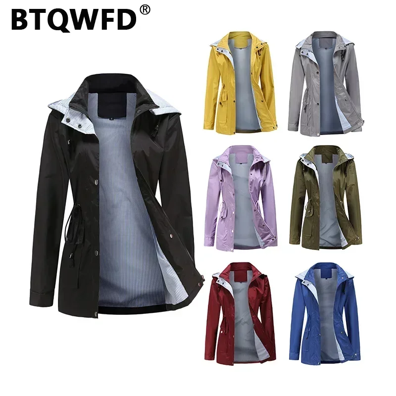 BTQWFD Winter Trench Jackets Detachable Hat Women's Coats Female Clothing Ladies Raincoats Long Sleeve 2024 Solid with Pocket gold hollow double adjustable pin buckle ladies s vintage elastic belt detachable waist decorate girdlefor women female clothing