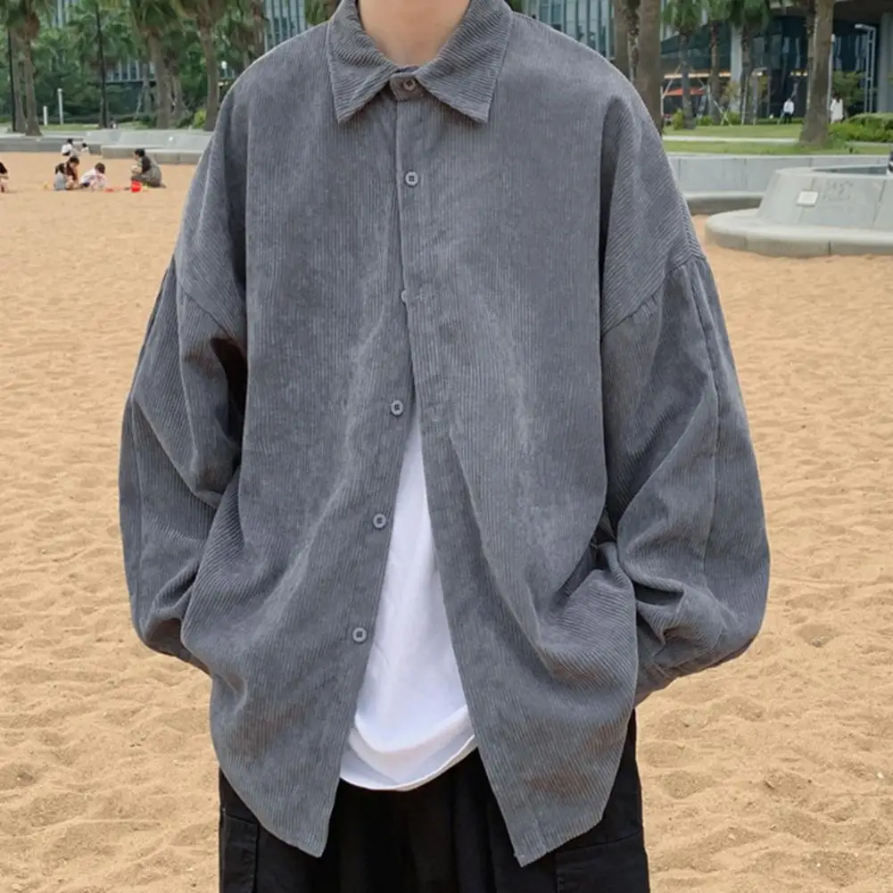 

Dressy Casual Men Top Men's Casual Cardigan Shirt with Turn-down Collar Single-breasted Design Long Sleeve Solid Color for Fall