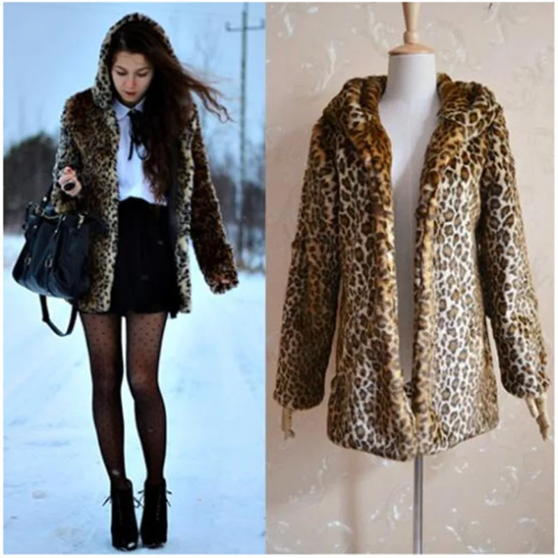 

Women's Fur Coat with Hood European and American New Leopard Print Color Faux Fur Coat