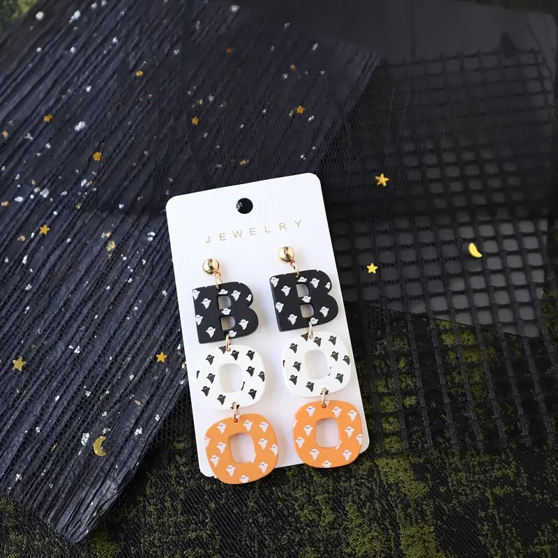 Cute Ghost Print BOO Halloween Acrylic Dangle Earrings for Women Fun & Quirky Party Jewelry Accessory Gifts