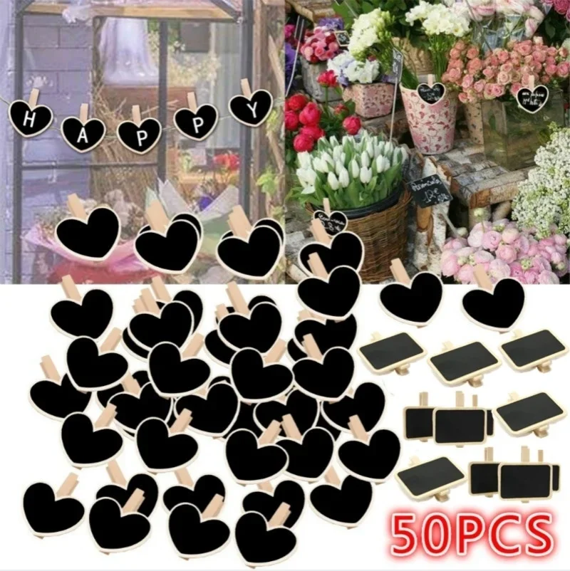 

50Pcs Hanging Wooden Blackboard Message Chalkboard Clips Tags Number Price Label Heart Shaped DIY Craft