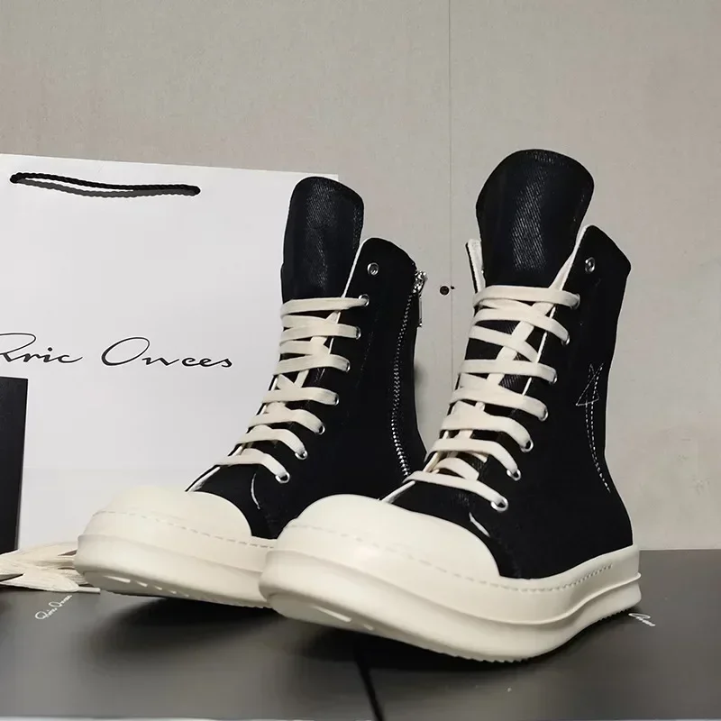 Ro Designer Black Flat-bottomed High-top Embroidered Canvas Shoes, Booties, Zippers and White Cloth Shoes, Couple's Men's Shoes 4